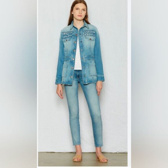Current/Elliott Long Button Down Smocked The Festival Denim Jean Jacket - Picture 1 of 12